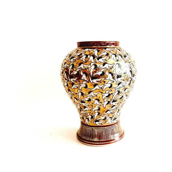 Vintage Thousand Crane Gold Floral Decor Vase,5"W x 7"H
