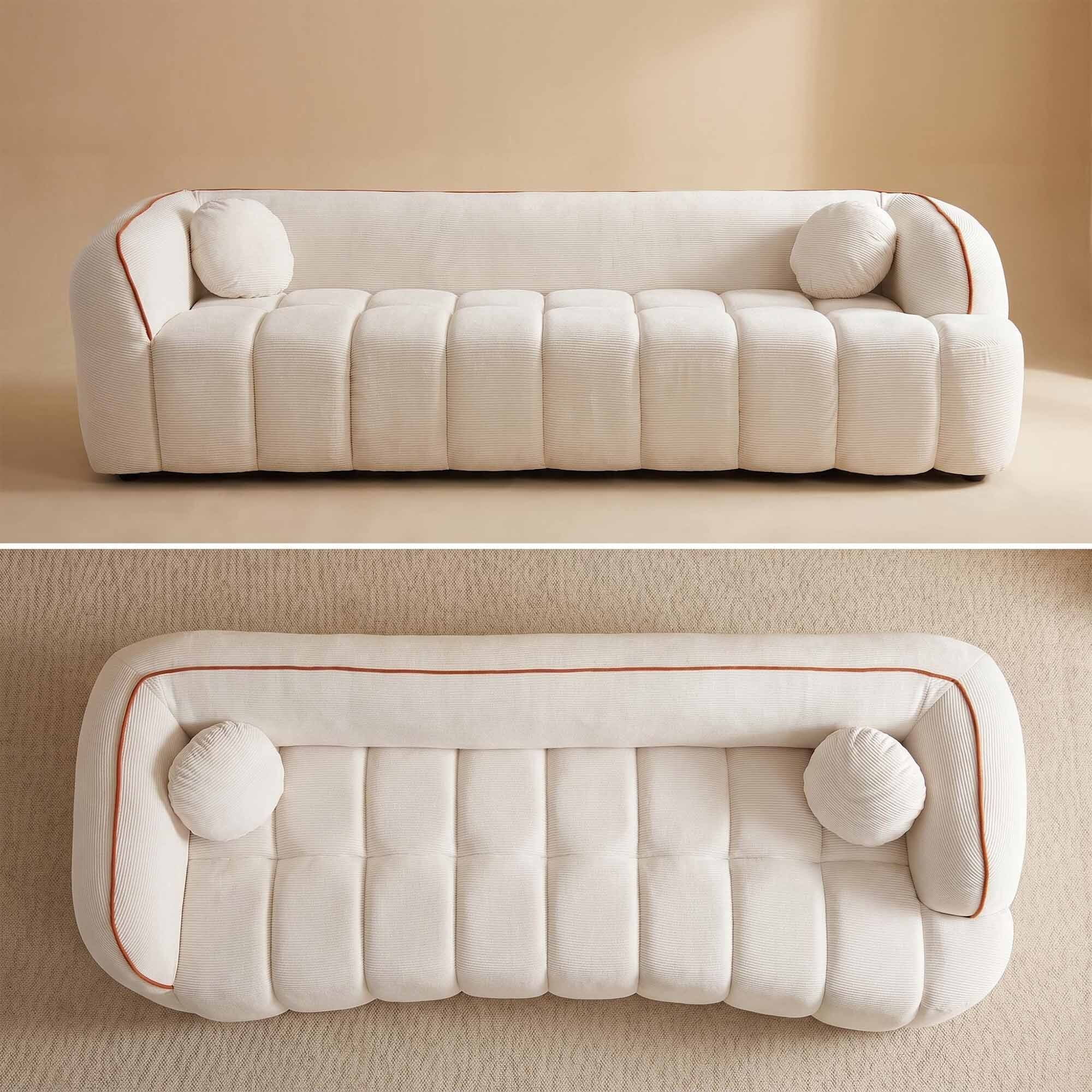 Lunale 98" Curved Bonelessd Sofa, 3-Seater Cloud Couch, No Assembly Required, Modern Corduroy Bubble Sofa for Living Room, Beige