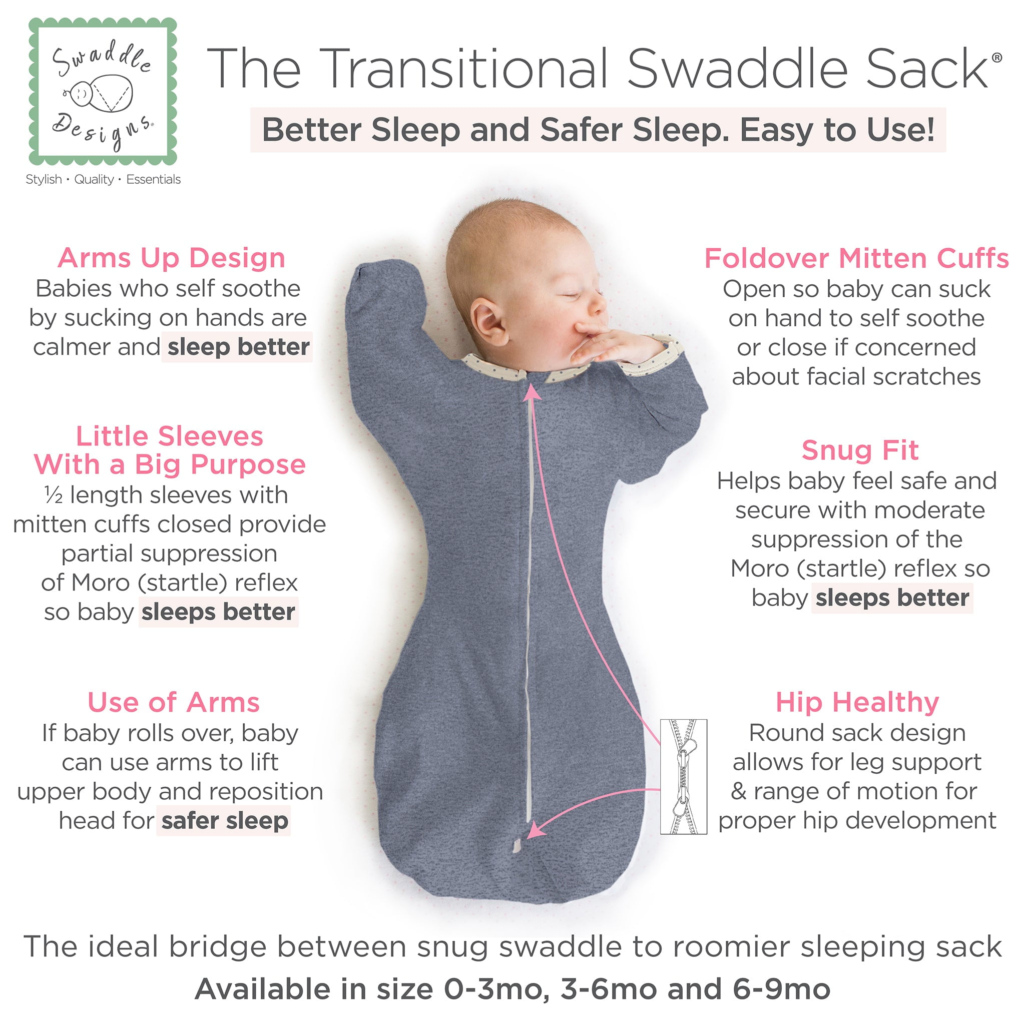 SwaddleDesigns Transitional Swaddle Sack, Arms Up Swaddle with Half-Length Sleeves & Mitten Cuffs, Easy Transition Swaddle Sleep Sack, Large, 6-9 Months, 21-24 lb, Heathered Denim