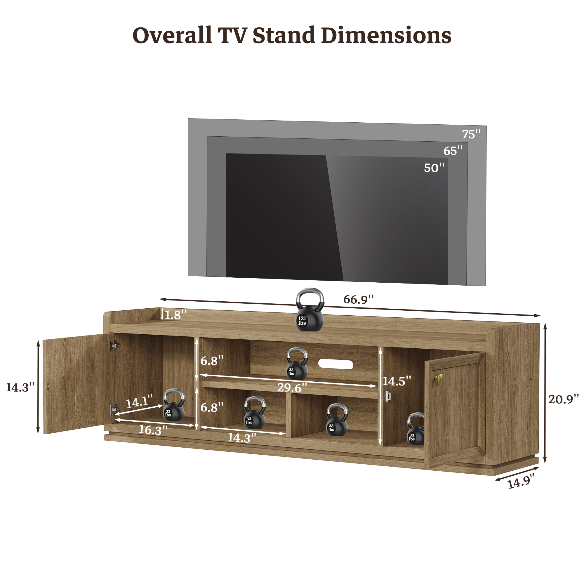 SICOTAS Farmhouse TV Stand for TVs up to 75", Entertainment Center with Storage Cabinets & Open Shelves, Wood TV Cabinet, Media Console Table for Living Room, Brown