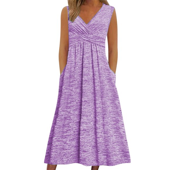 Ixbnca Robe Maxi pour Femmes Grande Taille, Robe Débardeur à Col en V, Décontractée, Sans Manches, Robe d'Été avec Poches
