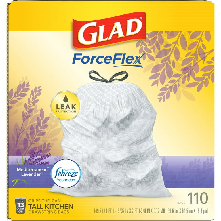 Glad ForceFlex Tall Kitchen Drawstring Trash Bags 13 Gallon Trash Bag Gain  Lavender with Febreze Freshness 110 Count