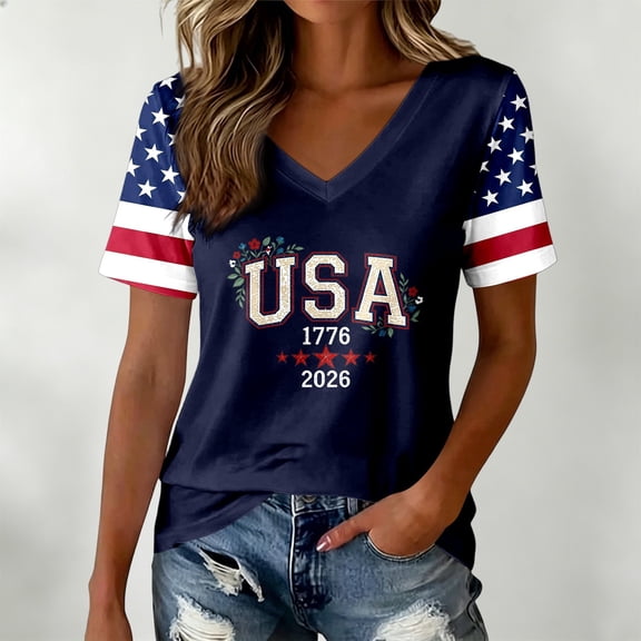 LINGLANG Fourth of July Shirts for Women, Patriotic American Flag V Neck T Shirt Summer Casual July 4th USA 250th Anniversary Graphic Tee Tops