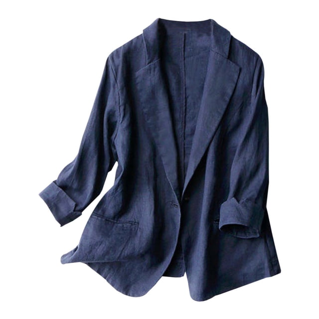 2025 Women's Plus Size Slim Ladies Jackets Long Fit Linen Lightweight Solid Jacket Long Color one Button 7/4 Button Trench Coat Women Sleeve