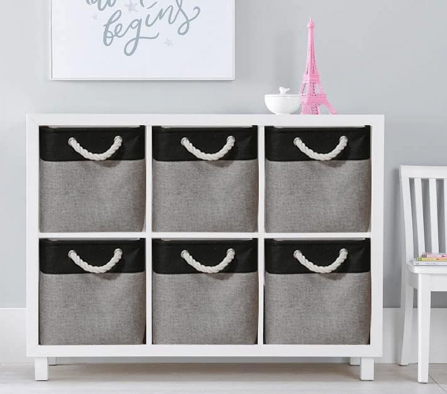 Large Cube Storage Baskets (10.5 × 10.5 × 11 inches), Canvas Fabric Collapsible Storage Boxes with Cotton Handles for Closet, Shelves, Clothes, Toys, Towel (Black&Grey-6Pack)