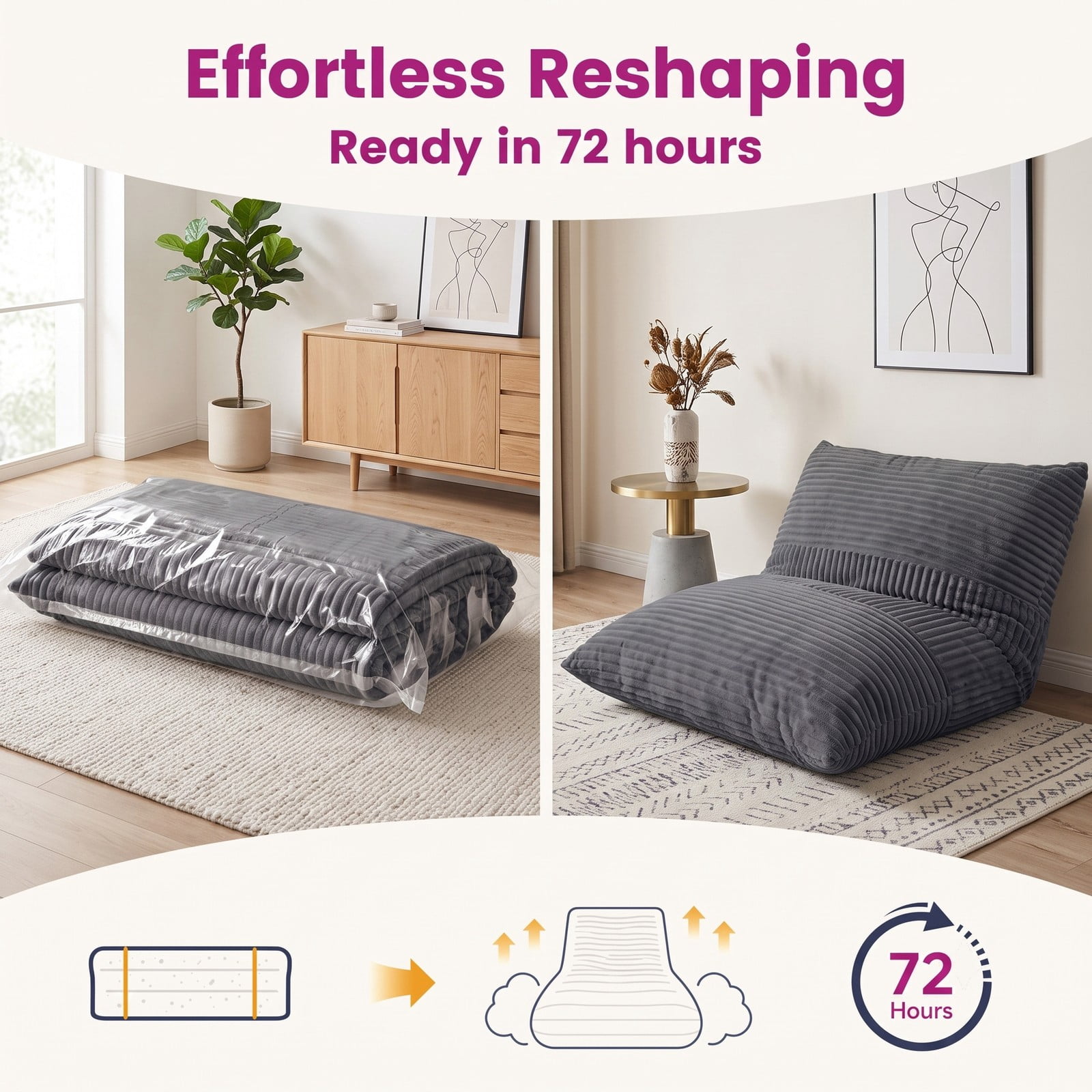 Furnibear 3-in-1 Large Bean Bag Chair, Convertible Corduroy Bed Sofa Lounger with Cozy Sponge Filling and Removable Washable Cover for Dorm Living Room Bedroom, Gray