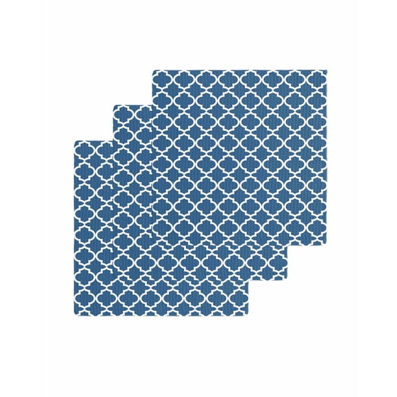 Blue Moroccon Kitchen Dish Towels for Drying Dishes Set of 3, Middle Century Minimalist Rustic Geometric Waffle Weave Microfiber Terry Hand Tea Bathroom Towels Quick Dry & Absorbent Towel 12x12