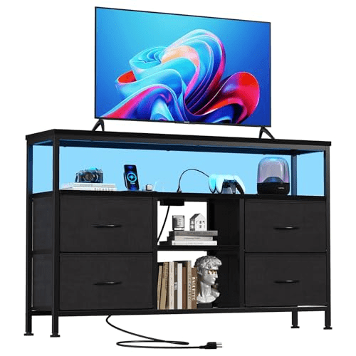 CONCETTA 43-inch TV Stand with Power Outlets and LED Light, Double-layer 4 Fabric Drawers , Media Console with Storage for Living Room or Bedroom, Black