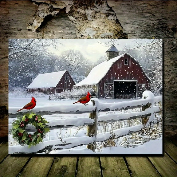 1 Piece Vintage Country Style Canvas Wall Art - Snow Scene Pastoral with Red Bird Wreath, Red Barn Snow Scene Decorative Painting, Framed Hanging Art, Bedroom Office Christmas Farmhouse Decoration