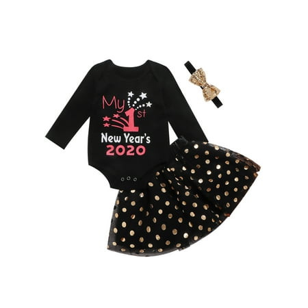 

0-24M Newborn Infant Baby Girls Clothes My 1st New Year Cute Rompers Tops Lace Skirt Clothes Sets