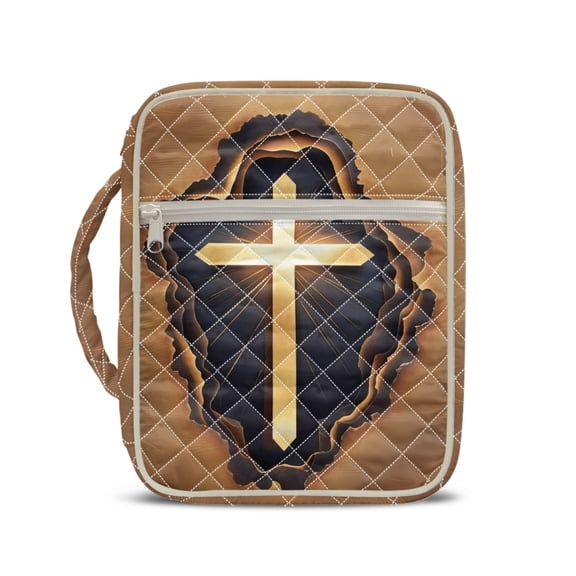 HELLHERO Zipper Pocket Quilted Bible Cover for Girls, Handle Machine Washable Bible Cover Case Polyester Fabric Bible Study Bag Golden Christian Cross