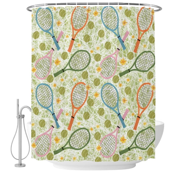 Extra Long Shower Curtain 72x96 Inch, Tennis Sports Shower Curtain Waterproof Bathroom Decor, Cartoon Sage Green Flowers Ball Theme Fabric Bath Curtain Set Accessories with Hooks