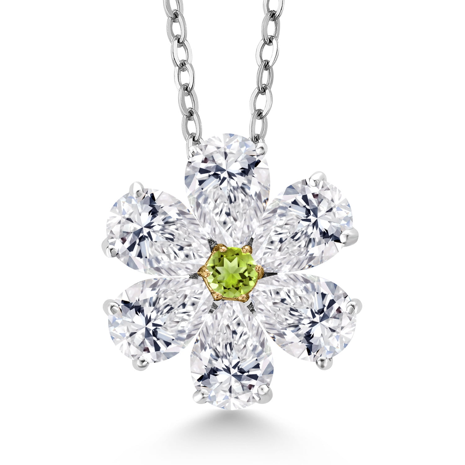 Gem Stone King 925 Silver and 10K Yellow Gold Lab Grown Diamond and Green Peridot Pendant Necklace for Women | 2.17 Cttw | Gemstone April Birthstone | Pear Shape 6X4MM | With 18 inch Chain