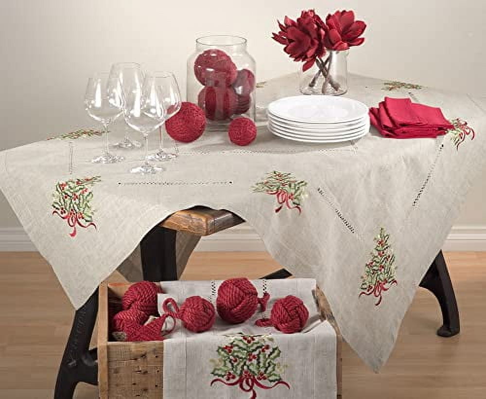 Fennco Styles Christmas Tree Design Embroidered Linen Blend Table Runner 16" W x 108" L - Natural Table Cover for Christmas, Home, Banquets, Special Events and Holiday Décor