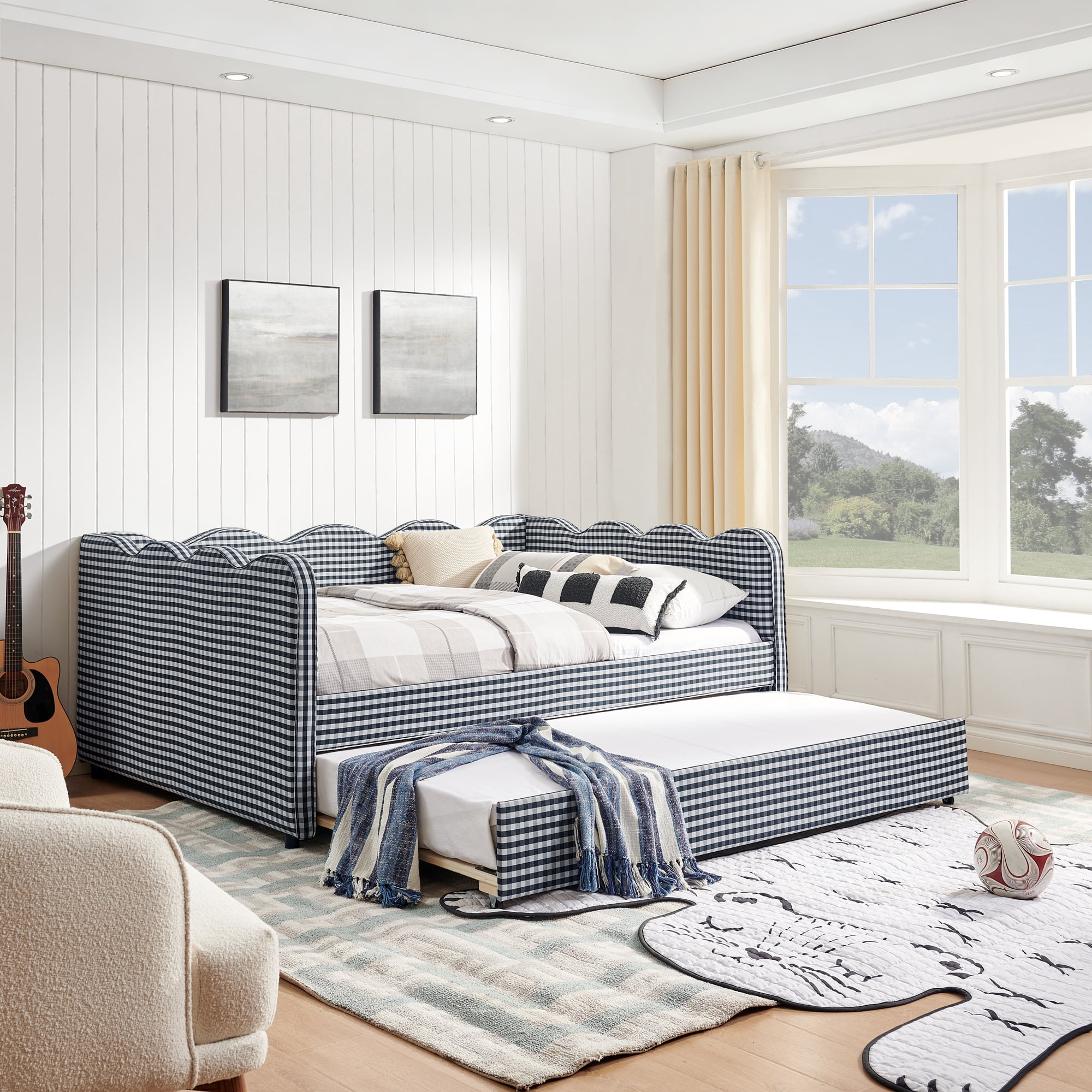 Full Size Daybed with Trundle and USB Port Upholstered Sofa Bed Gingham Linen Kids Guest Bed Frame, No Box Spring Needed, Navy