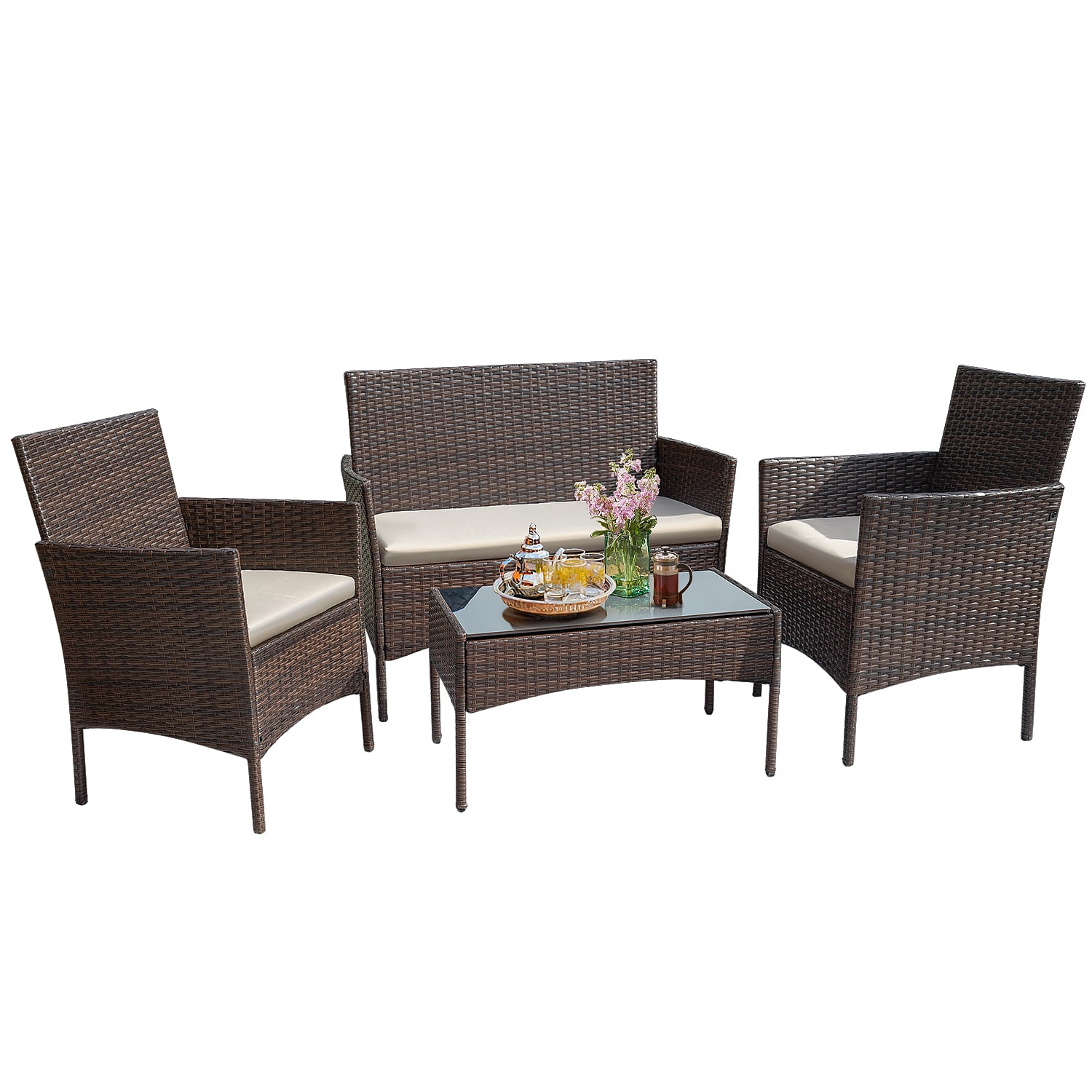 Longrune 4 Piece Outdoor Rattan Patio Furniture Set Wicker Conversation Sofa Chairs with Cushions and Glass Table Brown for Porch Backyard Outside Use 