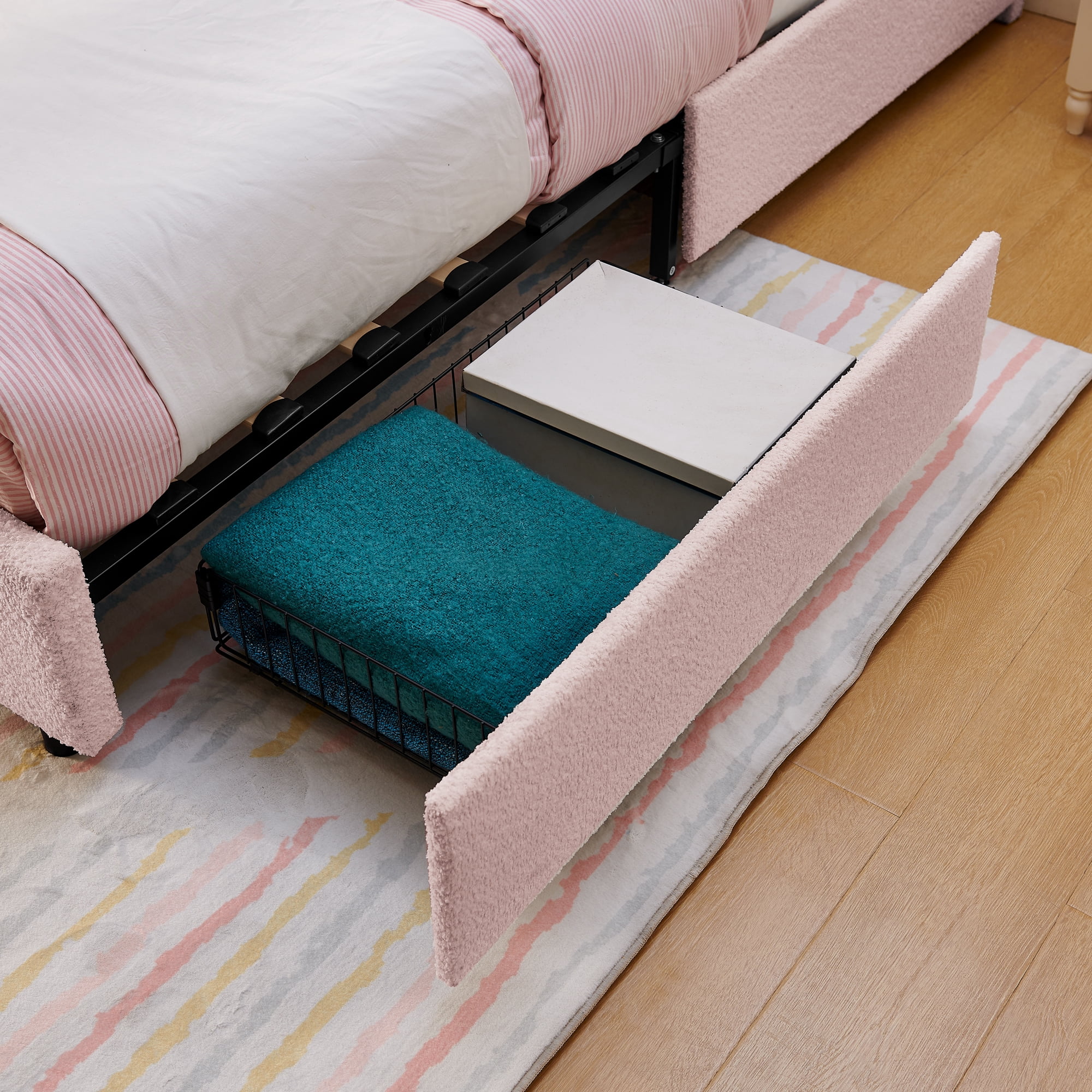 T-Joy Cute Upholstered Kids Bed with 4 Storage Drawers, Boucle Wooden Platform Bed with Rabbit Ear LED Light, Full Size, Pink