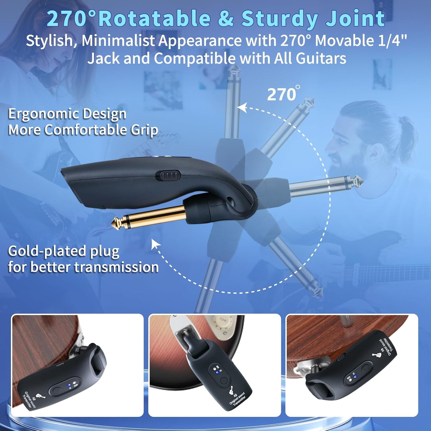 Wireless Guitar Transmitter Receiver, 2.4GHz Guitar Wireless System with 3 Channels, 100ft Range, 270°Rotatable, Rechargeable Audio Transmitter Receiver for Electric Guitar Bass Instruments, Black