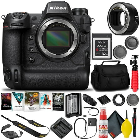 Nikon Z9 FX-Format Mirrorless Camera Body with FTZ II Mount Adapter (1669) (Intl Model) + 32GB XQD Memory Card + Editing Software + Camera Bag + 12" Tripod + Cleaning Kit