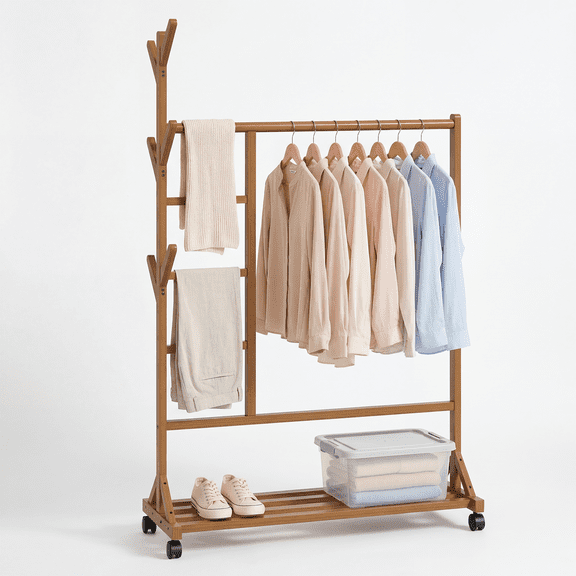 Bamboo Clothing Rack with Wheels