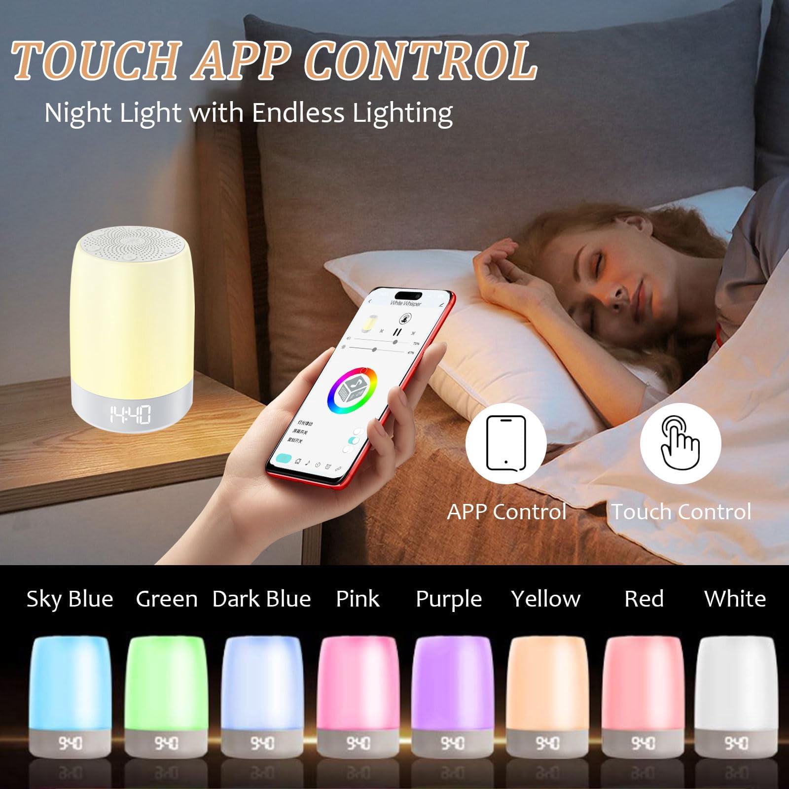 White Noise Sound Machine with Night Light, 32 Soothing Sounds, Sunrise Alarm, Rechargeable, App Control for Home, Office, Travel