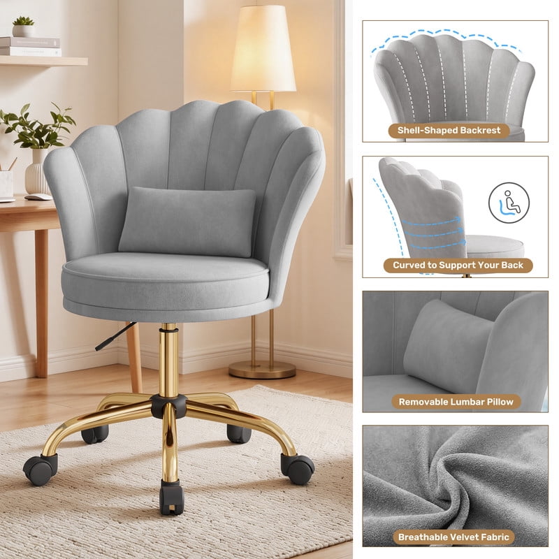 Hawsaiy Shell Back Home Office Chair with Lumbar Pillow, Modern Upholstered Desk Chair with Gold Metal Base, Swivel Adjustable Computer Chair for Home Office, Gray