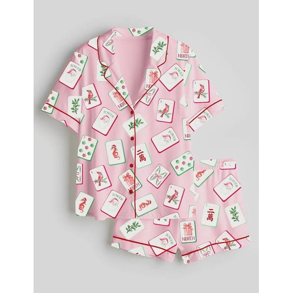 Women’s Chinoiserie Mahjong Christmas Satin Pajama Set, Watercolor Santa Holiday Sleepwear, Short or Long Sleeve Loungewear Gift