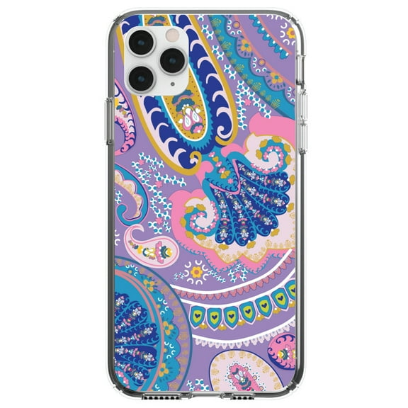 DistinctInk Clear Shockproof Hybrid Case for iPhone 12 MINI (5.4" Screen) - TPU Bumper, Acrylic Back, Tempered Glass Screen Protector - Purple Pink Blue Paisley