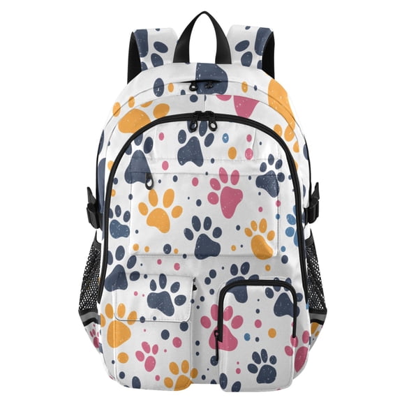 DIXRUYEE Colorful Paw Print Pattern Backpack for School 14”Laptop Compatible with Reflective Safety Strips