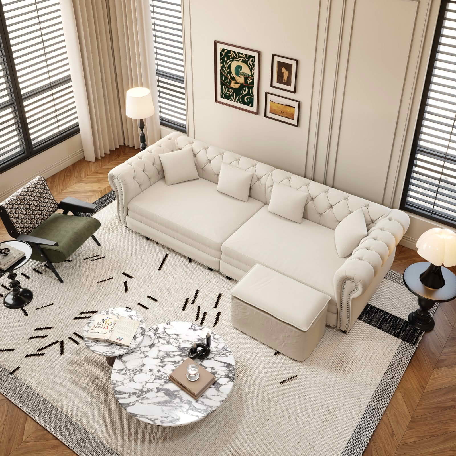 MAYEERTY 89" Chesterfield 3‑in‑1 Pull‑Out Sofa Bed, Tufted Velvet 3‑Seater Couch with Movable Ottoman, King Size Sleeper Chaise Lounge, 4 Pillows Included