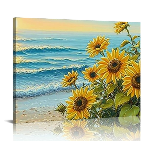 FCXZI Ocean Beach Decor Wall Art Coastal Ocean Waves Sunflower Pictures Sunset Seascape Canvas Painting Nature Home Modern Artwork Decorations Framed for Bathroom Living Room Bedroom Office 16x12in