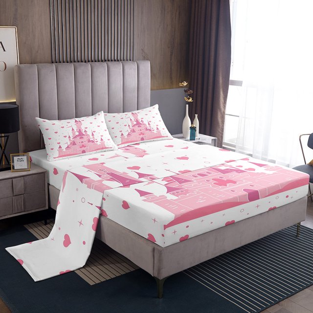 Girls Castle King Sheets Pink Castle Printed Sheet Sets for Girls Princess Style Fansty Bed Sheets Set Hand Drawn Soft Decor Bed Set for Bedroom Decor