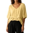 thumbnail image 2 of Yrmaups Loose Fit V Neck Short Sleeve Peplum Top for Women, Casual Ruffle Blouse, Soft Breathable Summer Basic Tee for Home Office Travel Daily Wear, Yellow L, 2 of 5