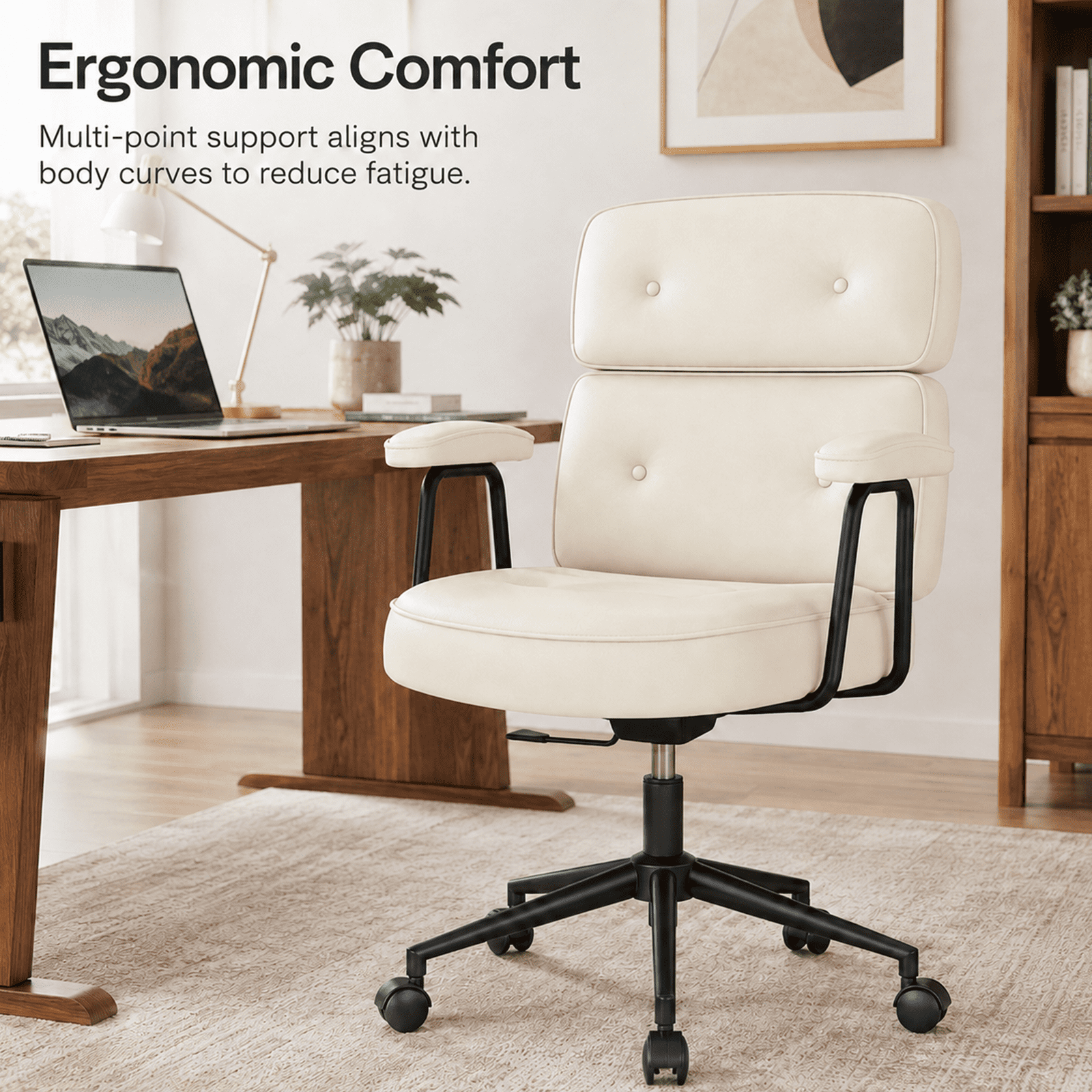 Alvantor Ergonomic Office Chair, PU Leather Computer Chair Lumbar Support, Adjustable Height, Rolling Swivel, Executive Task, Padded Armrests for Vanity, Study