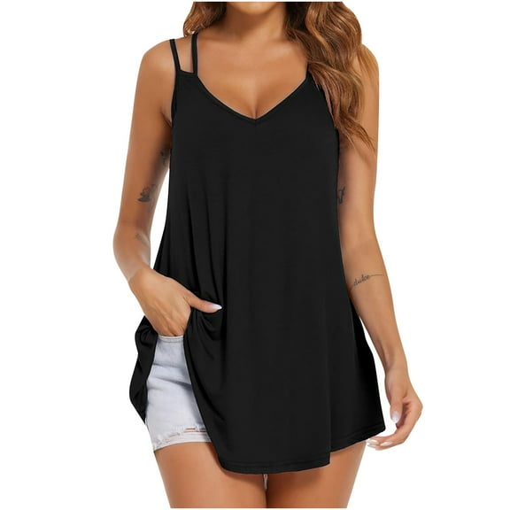 gakvbuo Plus Size Summer Tops For Women Tops Dressy Casual Women's Solid Color V-neck Comfortable Loose T-shirt Sleeveless Blouse Casual TopsWorkout Tops For Women