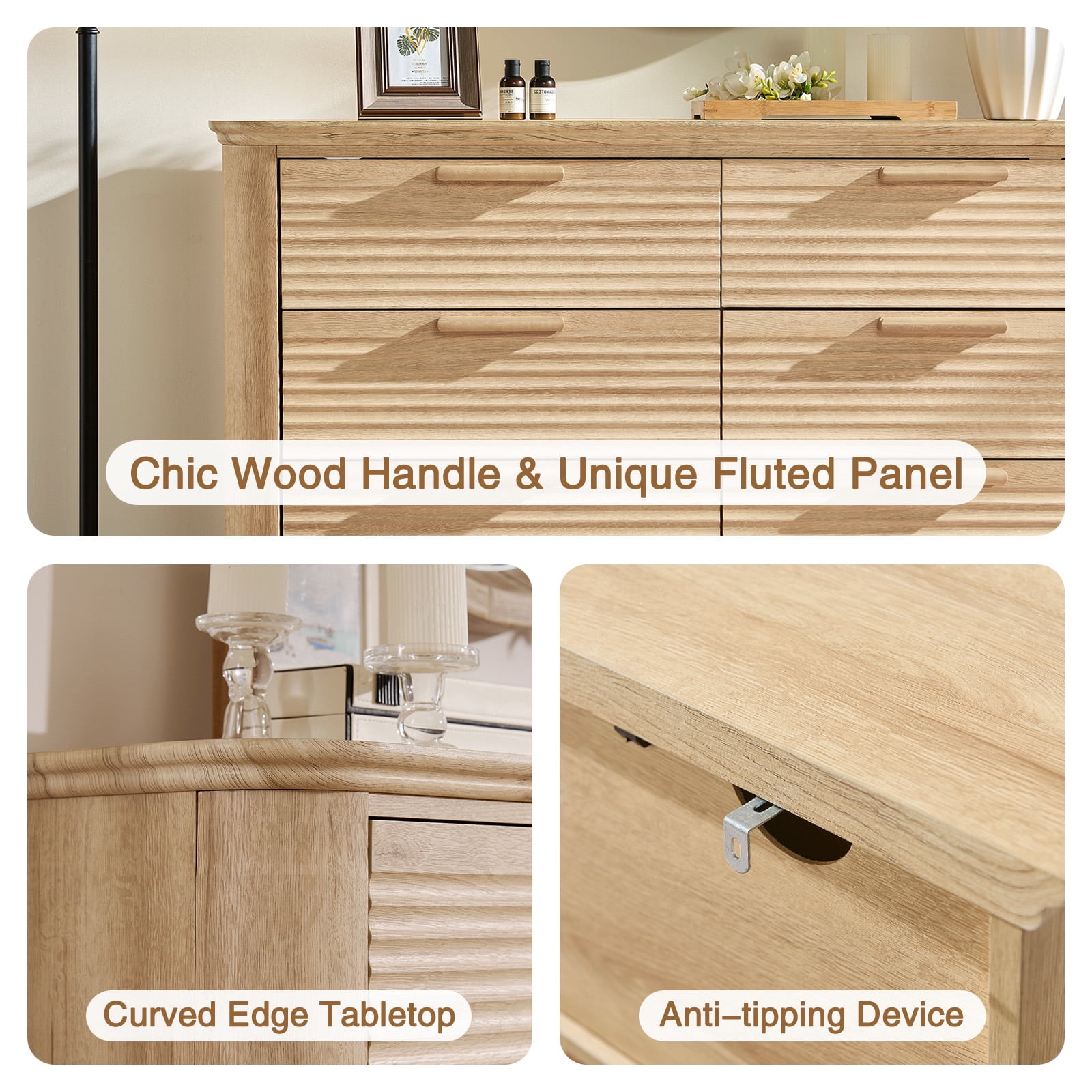 Hommoo Modern Wood Fluted 8 Drawer Dresser, 52" Wide Dresser Chest of Drawers with Curved Profile Design, Multifuctional Storage Organizer for Home, Oak