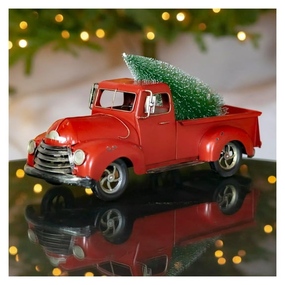 15" Distressed Red Pickup Truck with Christmas Tree