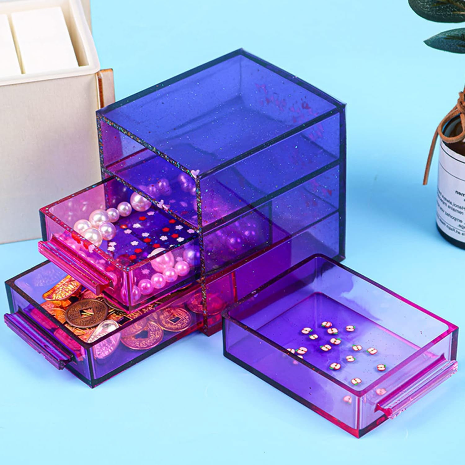 Epoxy Resin Molds,3 Layers Drawer Box Epoxy Molds, Silicone Molds for DIY Jewelry Tray Storage Case, Resin Kits and Molds Complete Set, Easy to Use and Demold, 5"(L),4"(W),Purple