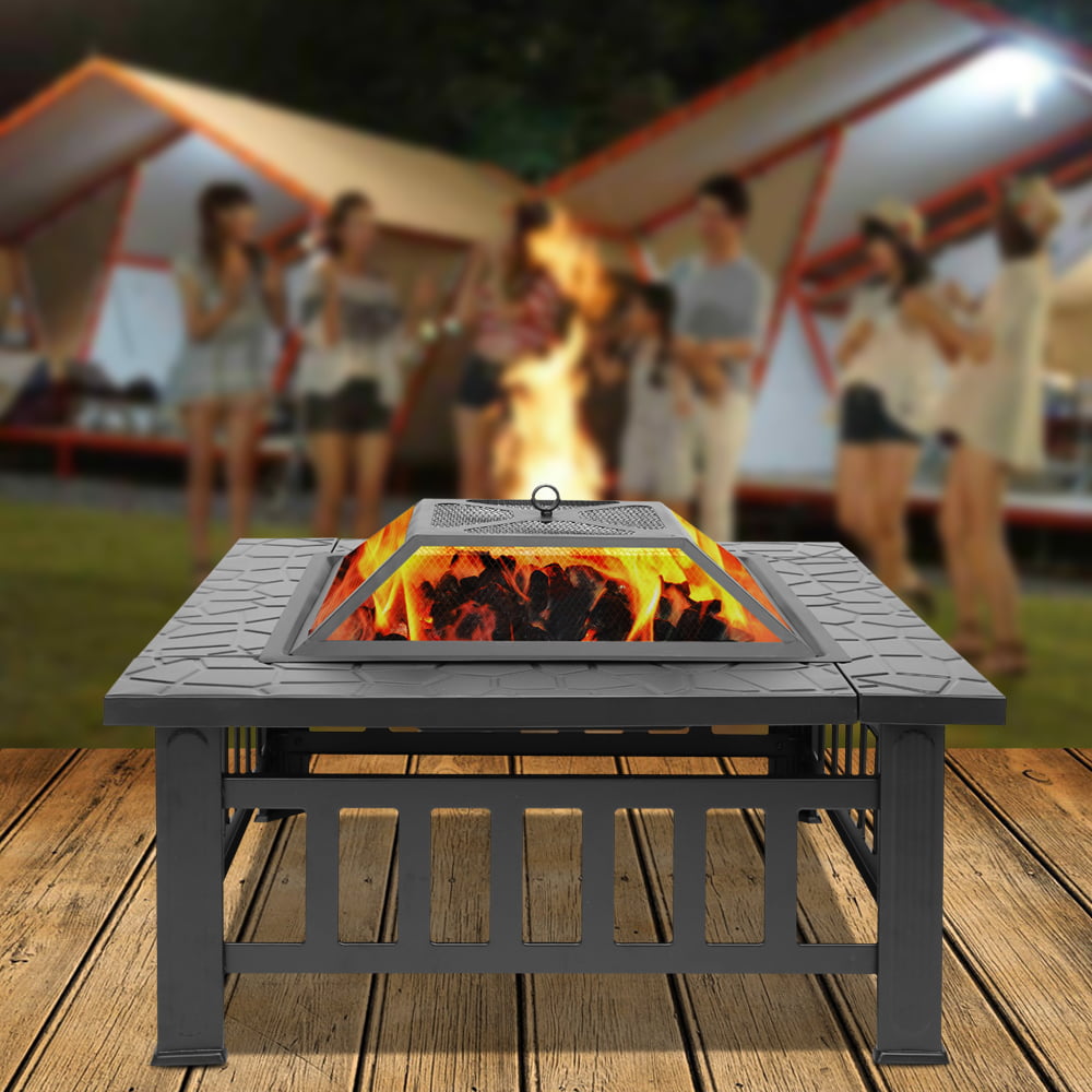 32" Outdoor Fire Pit, Square Metal Fire Pit with Mesh ...