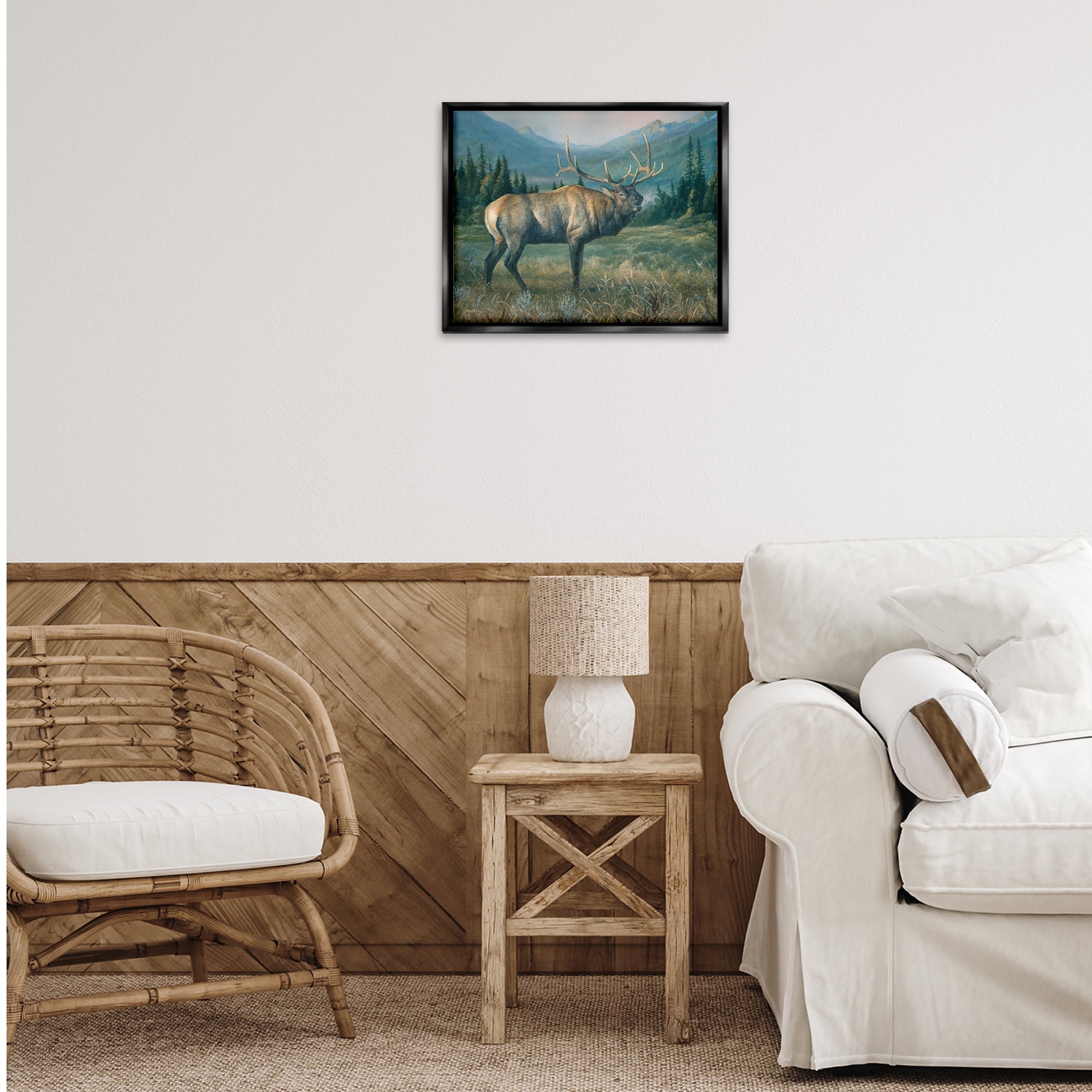 Stupell Industries Powerful Elk in Field Animals Painting Black Floater Framed Canvas Art Print Wall Art, 21 x 17