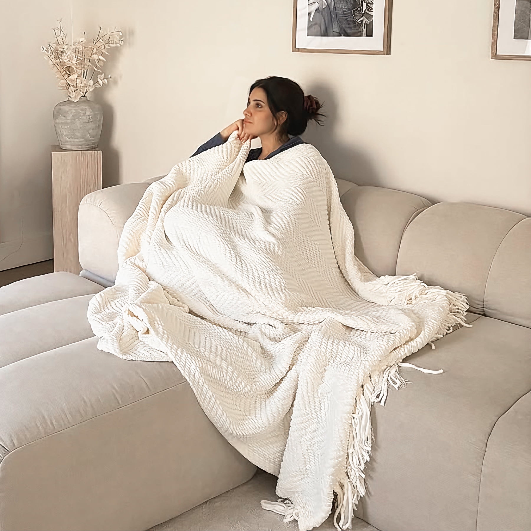 Battilo Cream Throw Blanket for Couch Bed,White Textured Blanket with Tassels for Home Decor,60"x80"