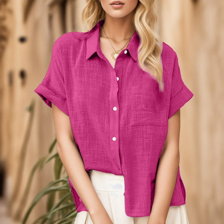 Rkuupa Business Casual Tops for Women Shirts for Women Trendy Solid Long Sleeves V Neck Summer New Ladies Loose Blouses Cotton and Lapel Rolled Short Sleeve Button Shirt Tee Shirt Hot Pink