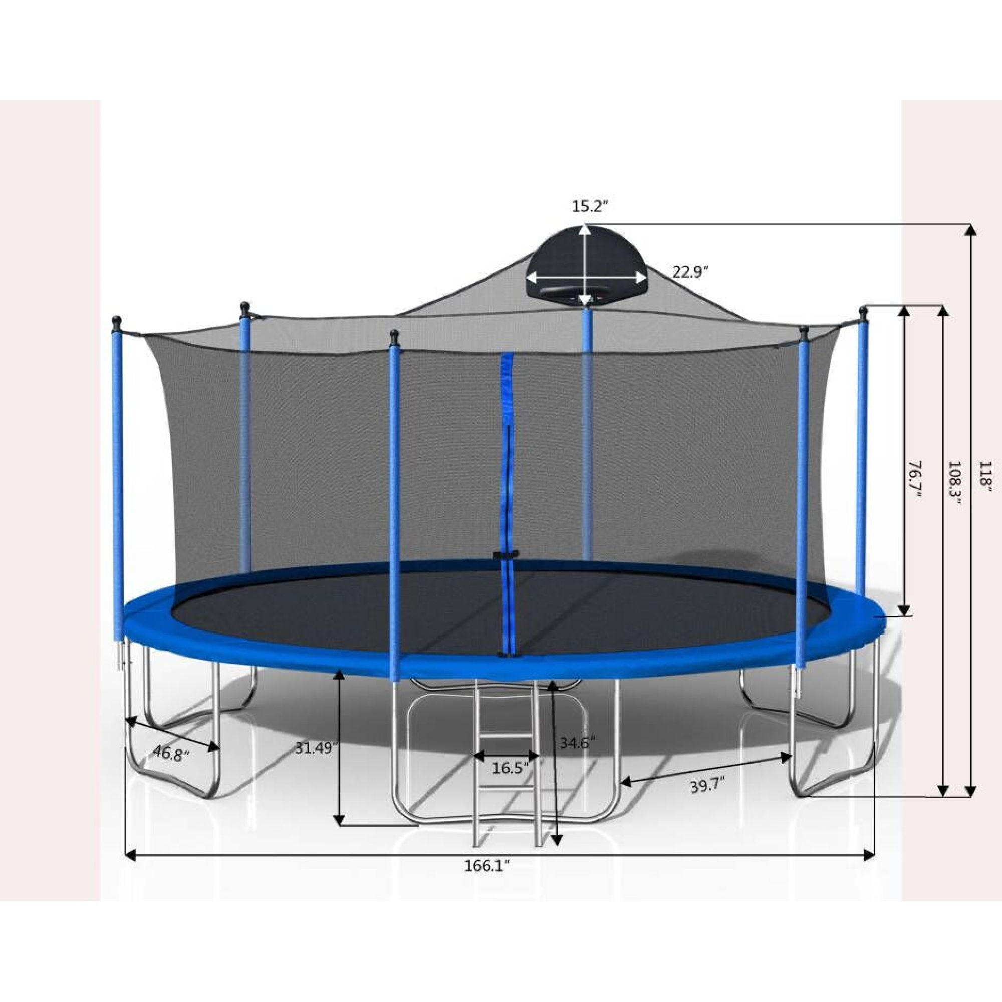 Leumius 14FT Trampoline with Basketball Hoop for Kids and Adults,Outdoor Trampolines w/Ladder and Safety Enclosure Net,Blue
