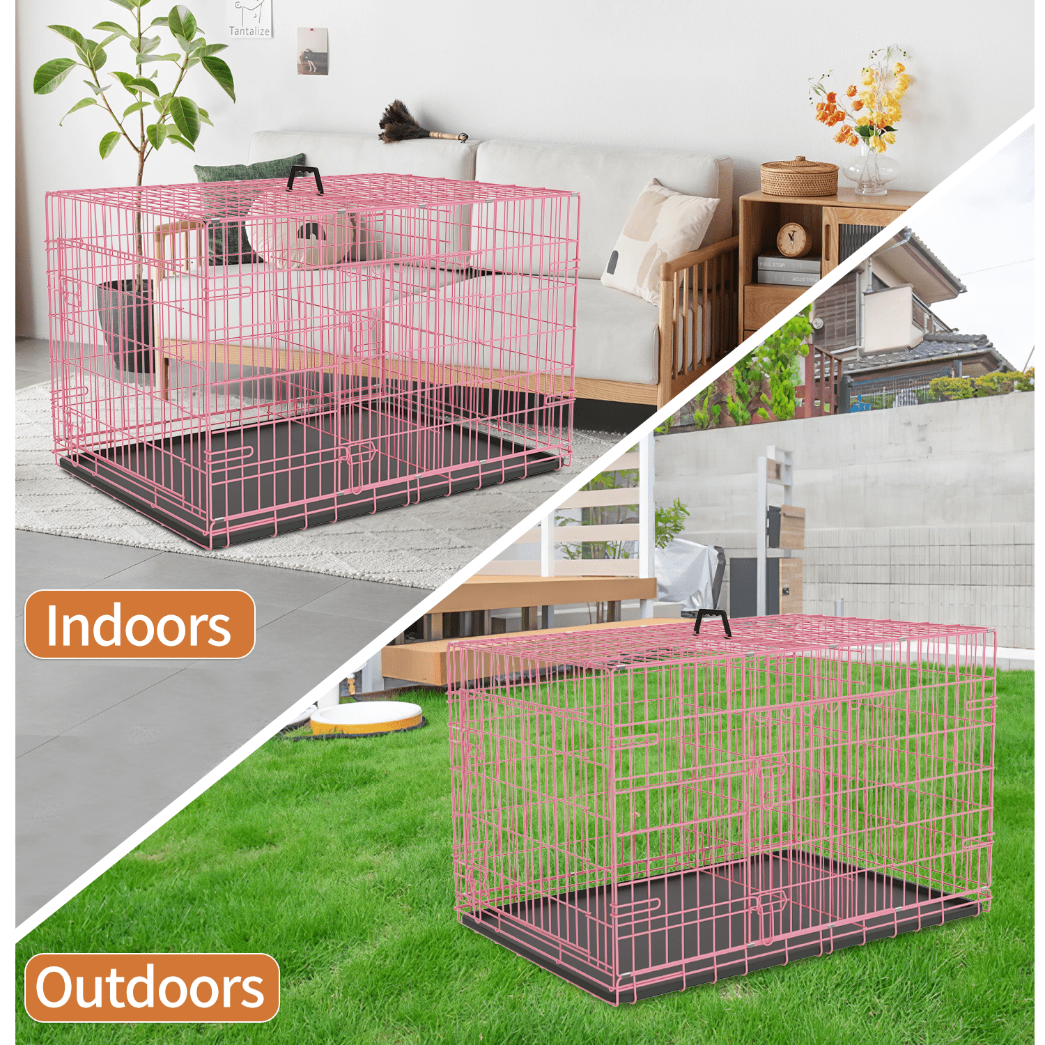 Dkelincs 48 inch Large Dog Crate Portable Foldable Dog Cage with 2 Doors, Handle, Plastic Tray, XXL Dog Kennel for Medium Large Puppy, Pink
