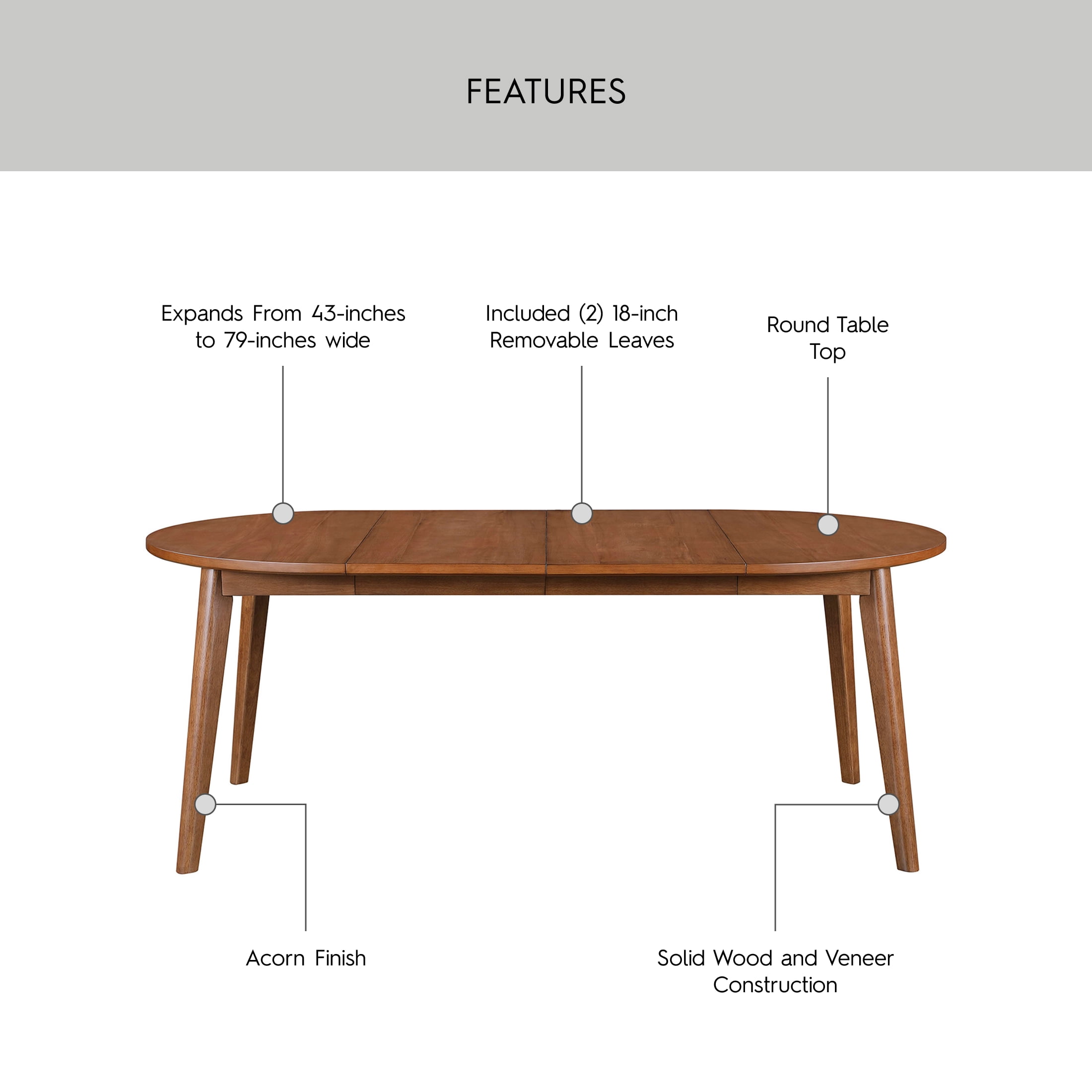 Better Homes & Gardens Greyson Mid-Century Extendable Dining Table, Solid Wood and Veneer, Acorn Finish