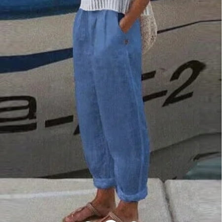 Ayolanni Cotton Linen Summer Pants for Women Blue Slim-Leg High Rise Solid Slacks Pants for Women Jeans Capris S