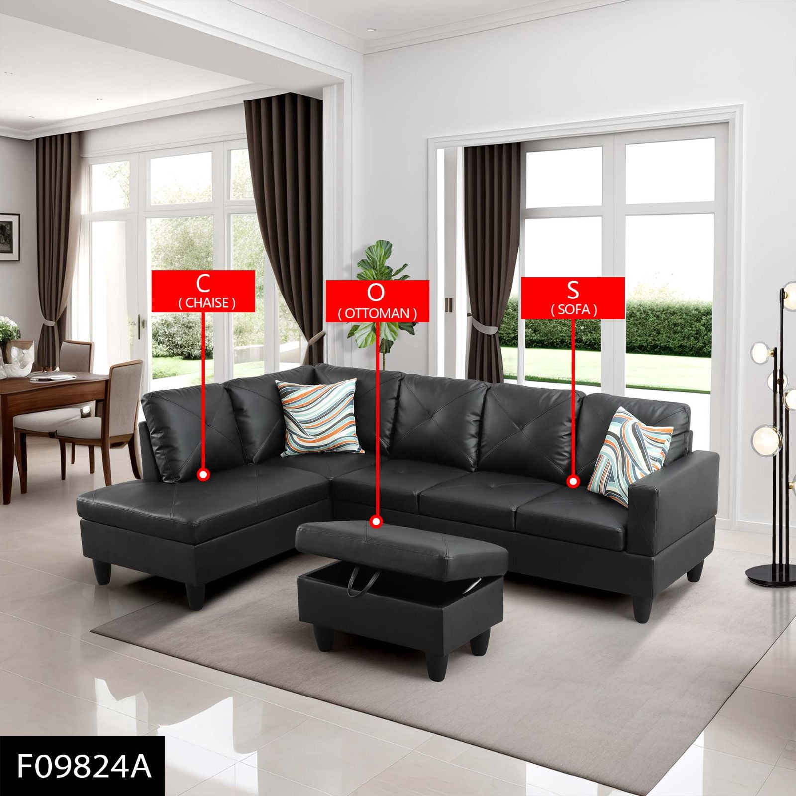 3-Piece L-Shaped Sectional Sofa with Movable Chaise & Storage Ottoman, Faux Leather Living Room Modular Convertible Couches Set for Home Apartment Office, Black