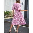 thumbnail image 7 of Women's Floral Flutter Sleeve V Neck Summer Midi Dress with Decorative Button and Ruched Bodice in 100% Polyester, 7 of 7