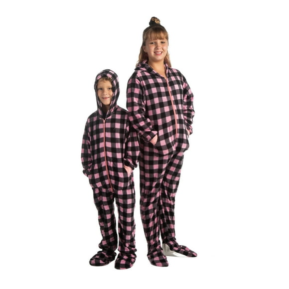 Hoodie Footed One Piece Buffalo Pink & Black Plaid Fleece Footed Pajamas for Girls