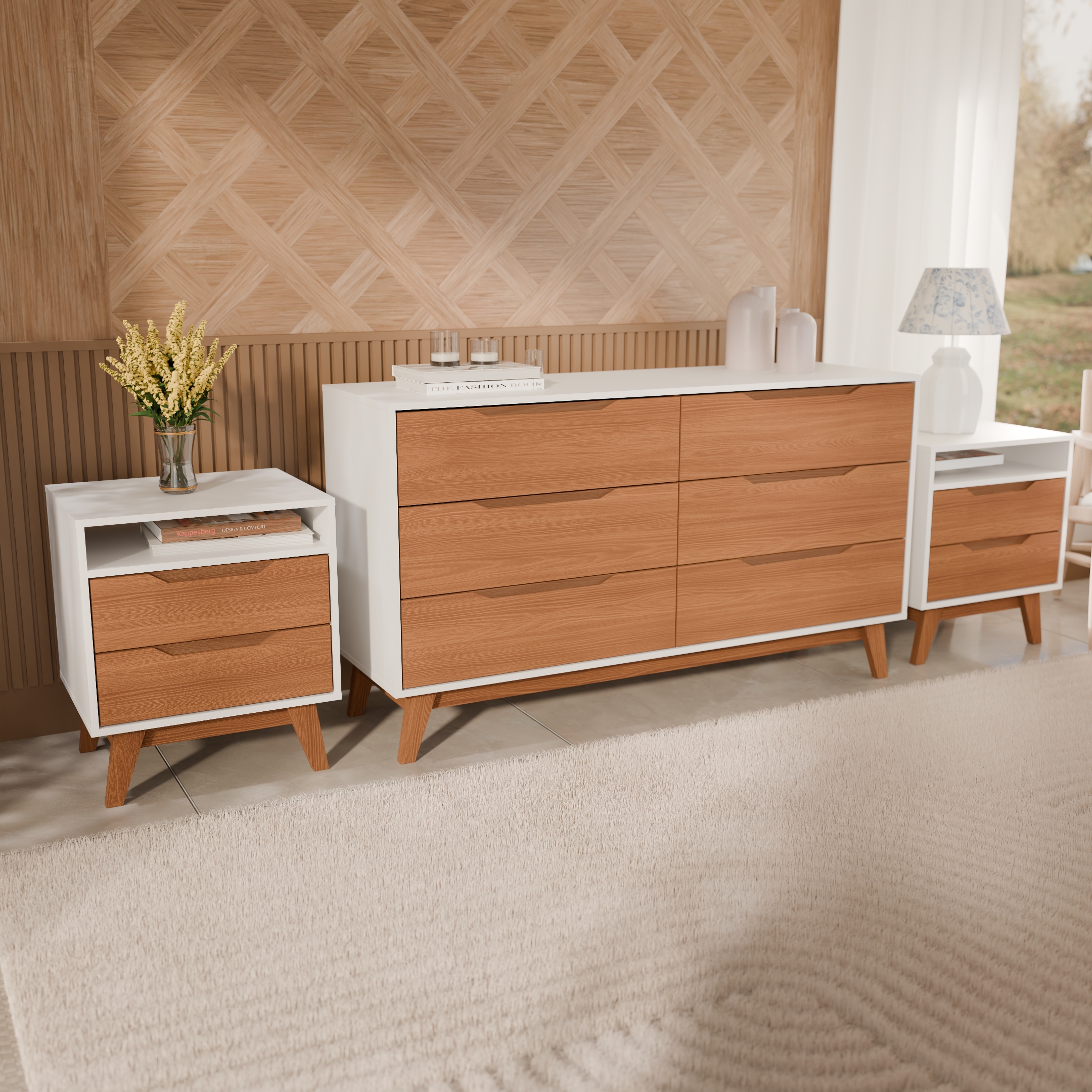 Kappesberg Bedroom Furniture Set with 6-Drawer Dresser and 2 Nightstands White/Golden Oak – Modern Storage Combo